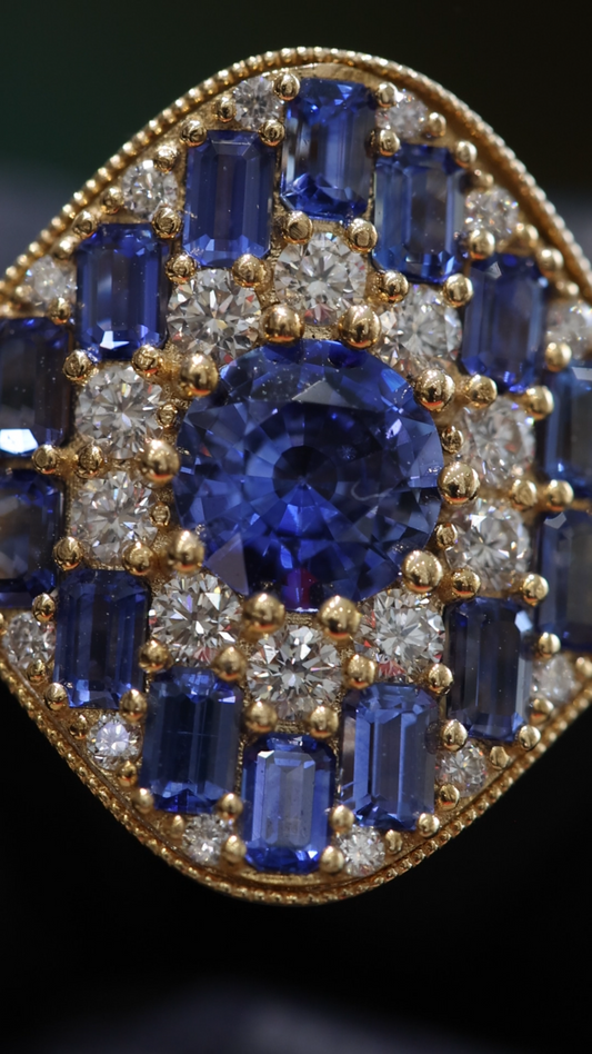 Blue Sapphire Diamond Statement Ring in Yellow Gold | 2.50 CTW