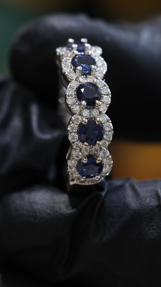 Blue Sapphire Diamond Half Eternity Band in White Gold | 1.09 CTW