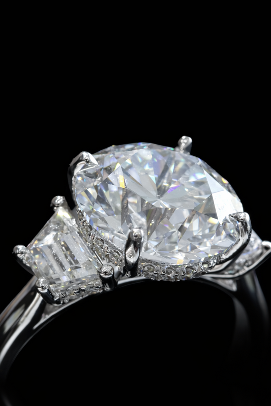Round-Cut Lab-Grown Diamond Three-Stone Ring in White Gold | Baguette Accent Setting