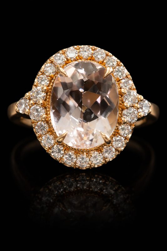 Classic Oval Morganite Halo Ring in Rose Gold | Diamond Halo & Elegant Split Shank Design