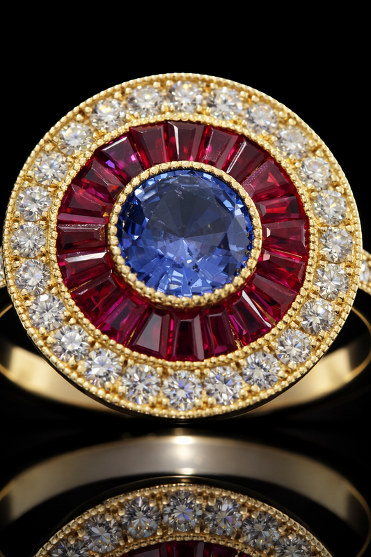 Imperial Sapphire & Ruby Sunburst Halo Ring in Yellow Gold | Diamond-Accented Vintage Medallion Design