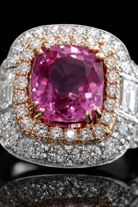 Imperial Cushion Pink Sapphire Ring in White Gold | Double Halo & Emerald-Cut Diamond Shoulders