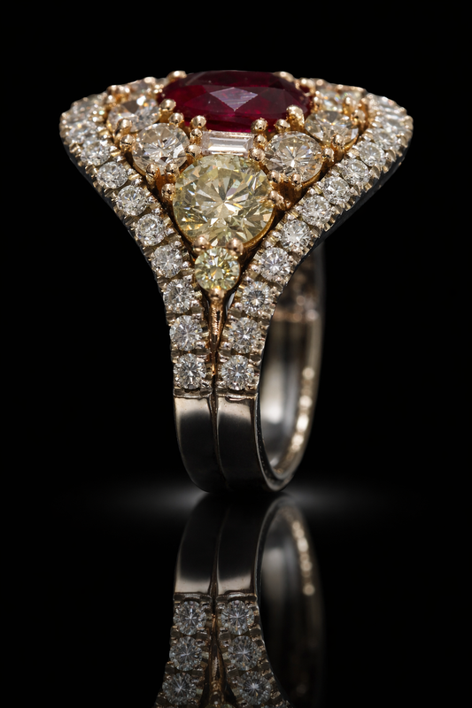 Royal Teardrop Ruby Halo Ring in White Gold | Vintage-Inspired Diamond Cluster Design