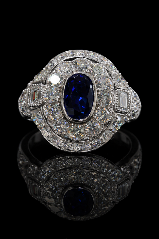 Sapphire & Diamond Halo Ring in White Gold | 1.32 CT Sapphire + 2.41 CTW Diamonds