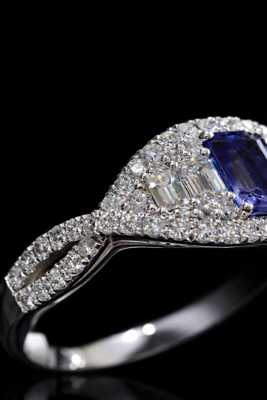 Sapphire & Diamond Halo Ring in White Gold | .60 CT Sapphire + .85 CTW Diamonds