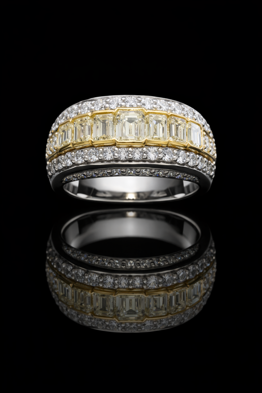 Fancy Yellow Baguette & Round Diamond Band in White & Yellow Gold | 3.53 CTW