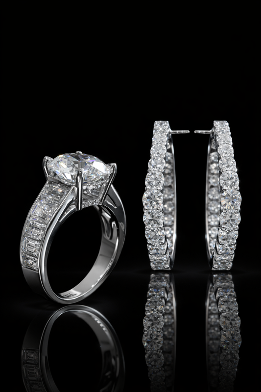 Round-Cut Lab-Grown Diamond Engagement Ring with Baguette & Round Accents in White Gold | Prong-Set Design