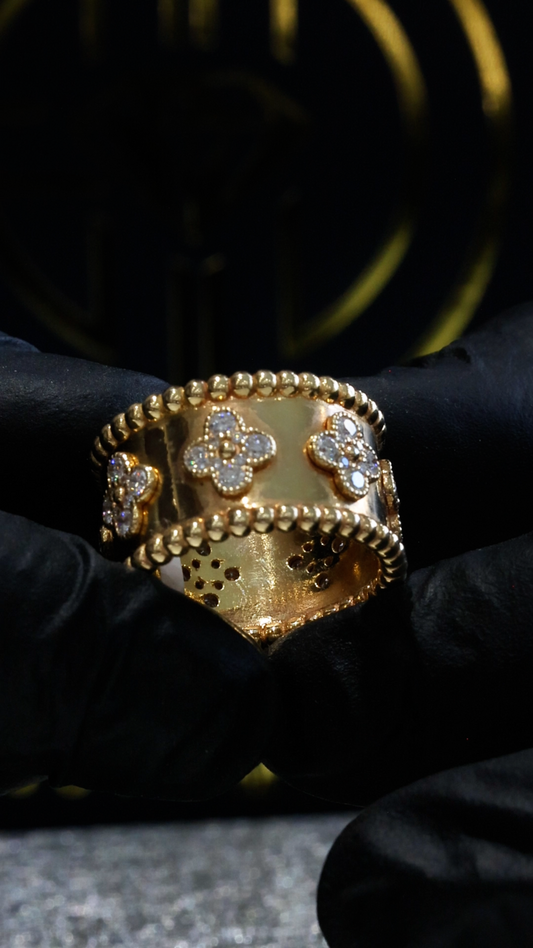 Natural Diamond Clover Motif Wide Band Ring in 14K Yellow Gold | Bold Statement Design