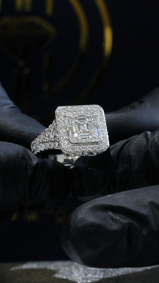 Natural White Diamond Square Halo Ring with Mixed-Cut Mosaic in White Gold | Bold Vintage-Inspired Statement Design