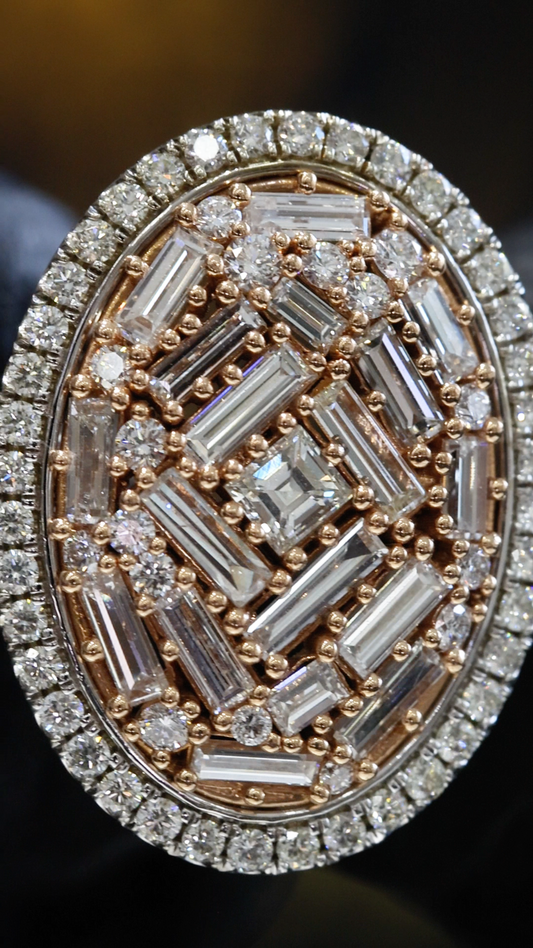 Natural Diamond Oval Dome Ring with Baguette Mosaic in Two-Tone Gold | Bold Statement Design