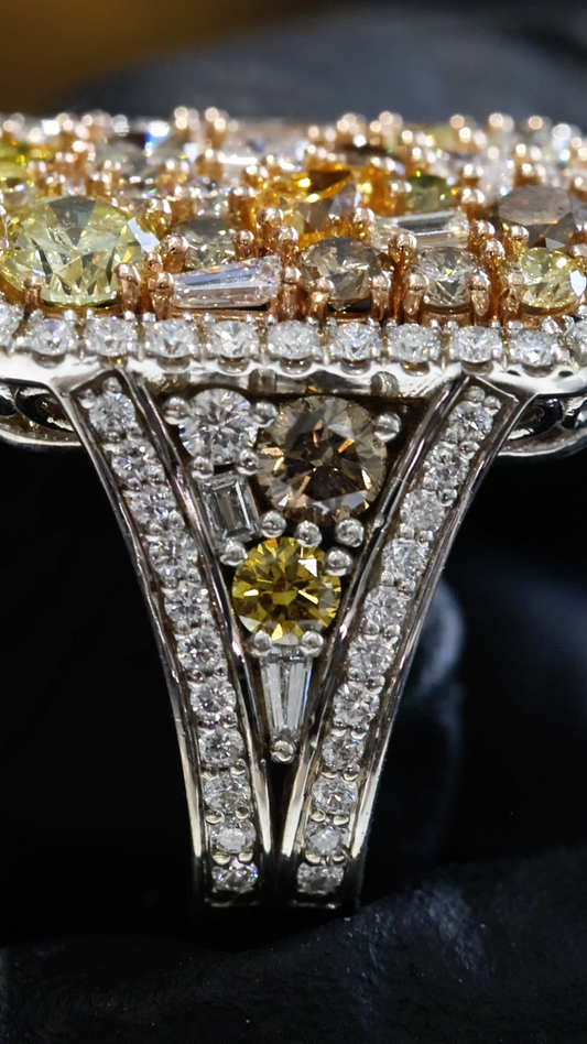 Natural Fancy Yellow Diamond Cushion Mosaic Ring with Halo in Two-Tone Gold | Luxury Statement Design