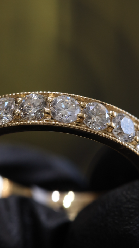 Round Diamond Eternity Band in 14K Yellow Gold milgrain edge | 1.60 CT