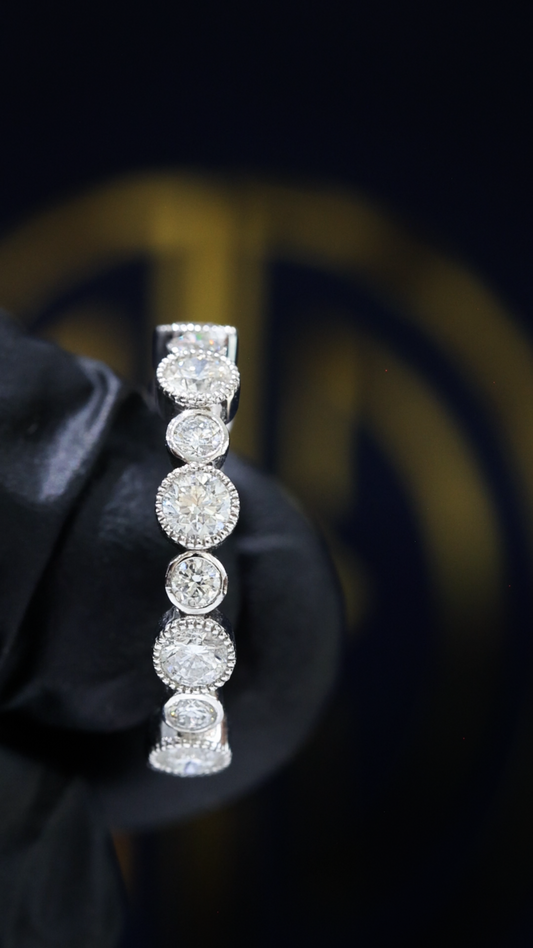 Natural Diamond Alternating Bezel Eternity Band in 14K White Gold | Vintage Milgrain Design