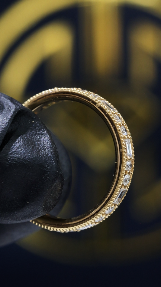 Vintage-Inspired Baguette & Round Diamond Eternity Band in 14K Yellow Gold | 0.90 CTW Milgrain Setting