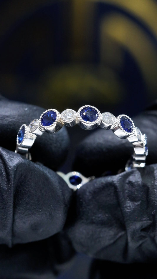Natural Blue Sapphire & Diamond Eternity Band Ring in 14K White Gold | Bezel Milgrain Set