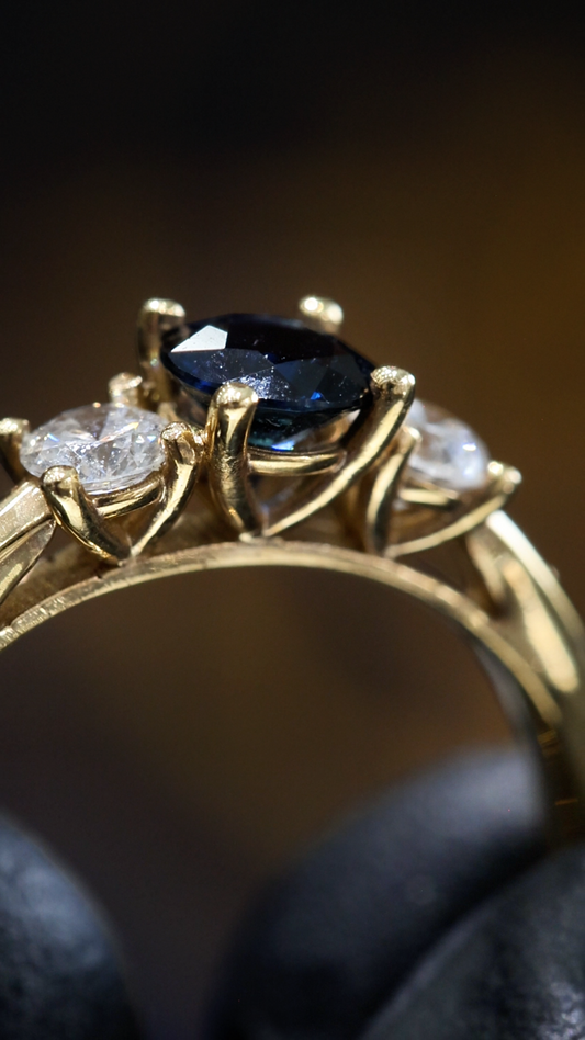 Natural Blue Sapphire & Diamond Three-Stone Ring in 14K Yellow Gold | Round Brilliant Accent Setting