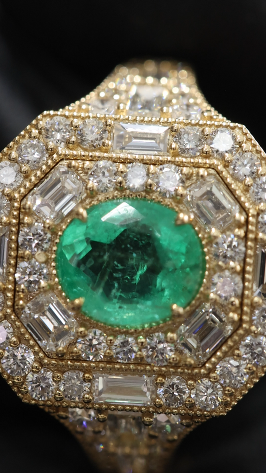 Vintage Octagonal Emerald Halo Ring in Yellow Gold | Baguette & Round Diamond Double Halo
