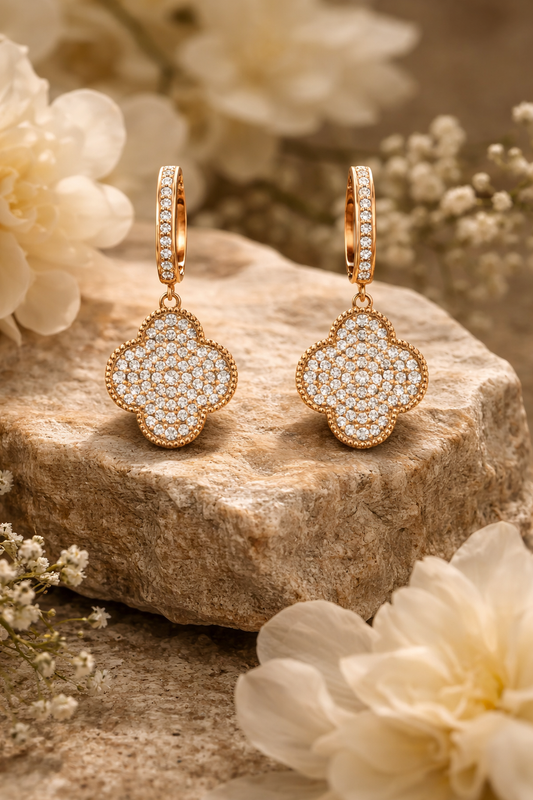 14K rose gold pavé diamond clover drop earrings with diamond hoop and round brilliant diamonds