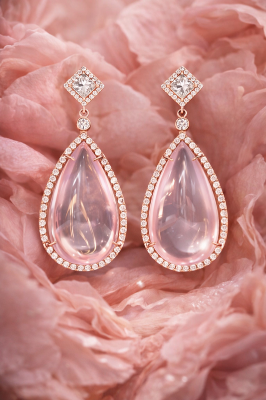 14k rose gold rose quartz pear halo drop earrings 35 carat gemstone with 2 carat GH SI diamonds luxury Houston jewelry