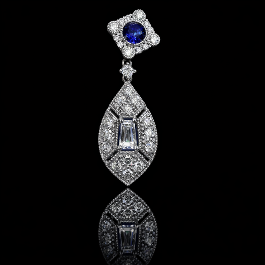 Natural sapphire and emerald-cut diamond vintage drop earrings in 14K white gold with 1.15CT G-H SI pavé diamonds – Houston fine jewelry by Endless Diamonds.