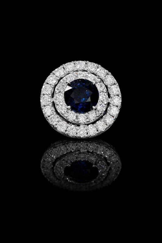Natural round sapphire double halo stud earrings in 14K white gold with 0.65CT G-H SI diamonds – luxury Houston fine jewelry by Endless Diamonds.