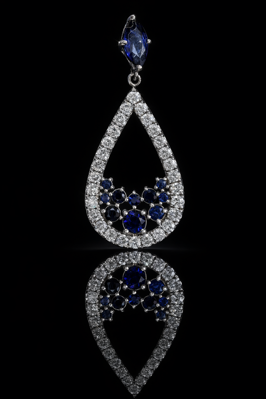 Natural sapphire diamond teardrop dangle earrings in 14K white gold with 1.00CT G-H SI pavé diamonds – luxury Houston fine jewelry by Endless Diamonds.