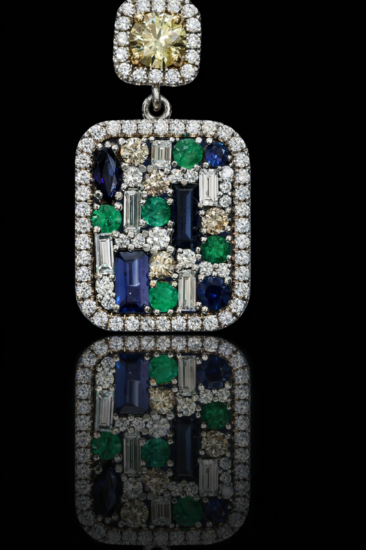 Natural multi gemstone diamond halo drop earrings in 14K white gold with 2.80CT G-H SI diamonds and 2.30CT colored gemstones – Houston fine jewelry by Endless Diamonds.