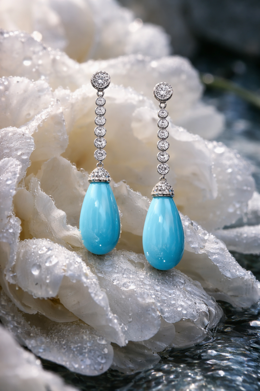 14K white gold diamond drop earrings with pear-shaped blue tourmaline gemstones and bezel-set diamond chain