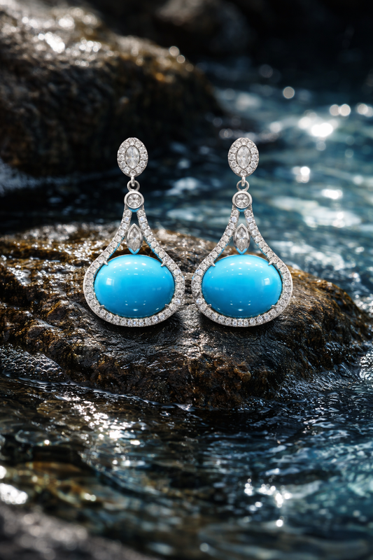 14K white gold tourmaline diamond halo drop earrings with pavé diamond frame and blue cabochon tourmaline center