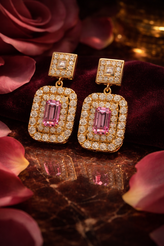 14k yellow gold pink tourmaline emerald cut halo drop earrings with diamond halo luxury Houston fine jewelry