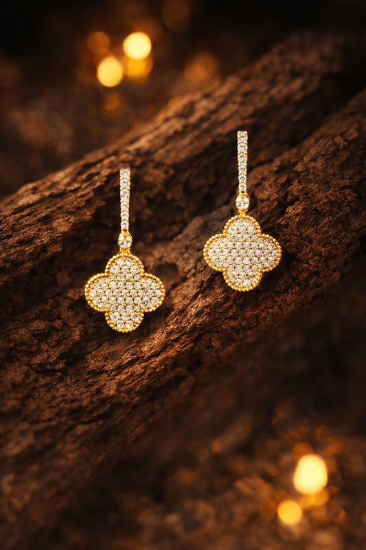 14K yellow gold pavé diamond clover drop earrings with vertical diamond bar and round brilliant diamonds