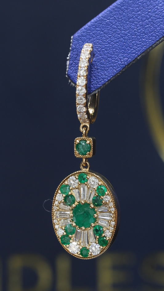 14k yellow gold emerald diamond halo drop earrings with baguette diamonds luxury Houston fine jewelry