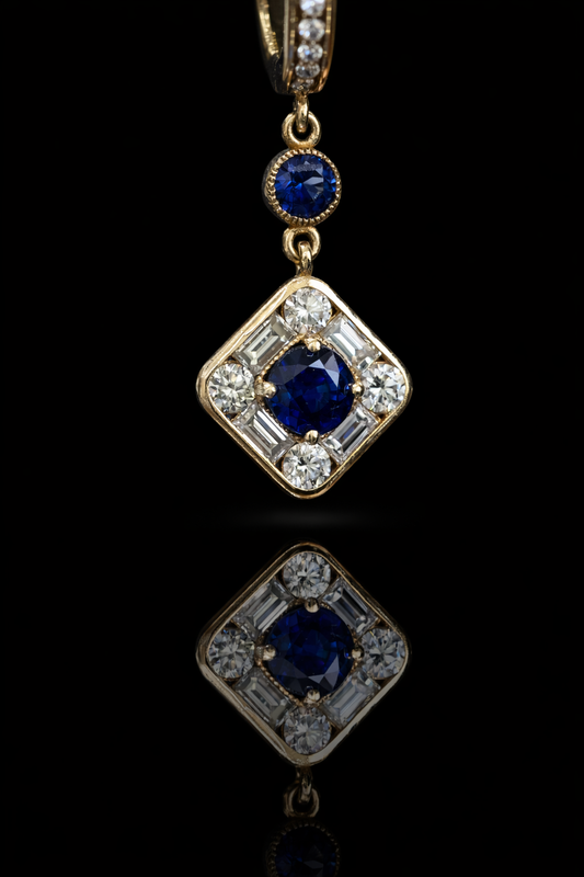 Natural sapphire diamond geometric drop earrings in 14K yellow gold with 9.00CT sapphires and 0.82CT G-H SI diamonds – Houston fine jewelry by Endless Diamonds.