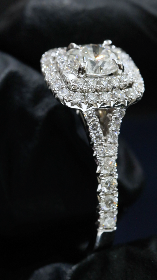 Natural Round Diamond Halo Engagement Ring with Pavé Band in White Gold | Classic Cushion Halo Design