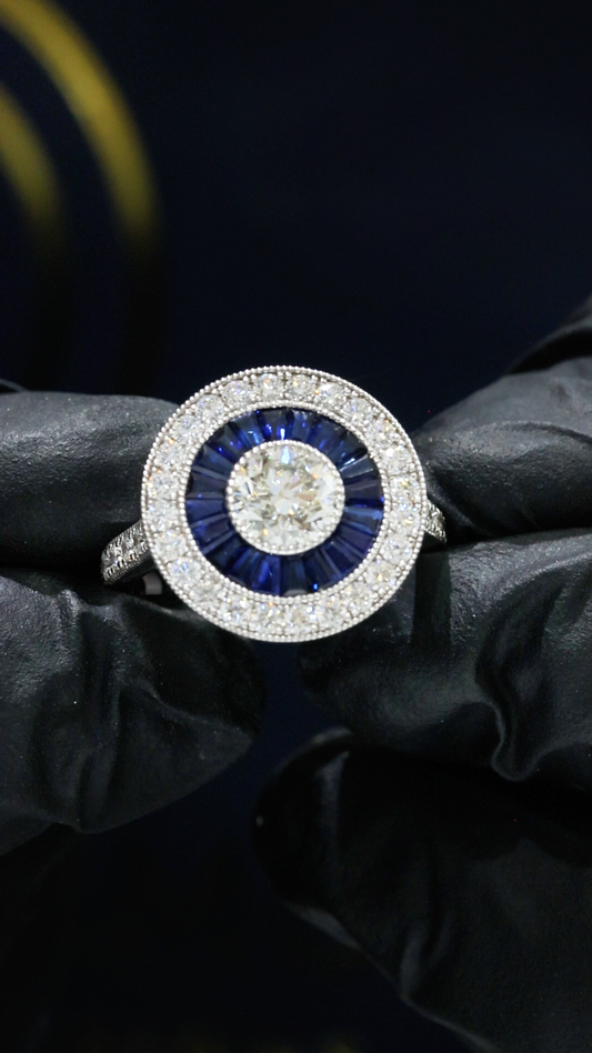 GIA Certified Natural Round Diamond Engagement Ring with Sapphire Halo in White Gold | Vintage Halo Design