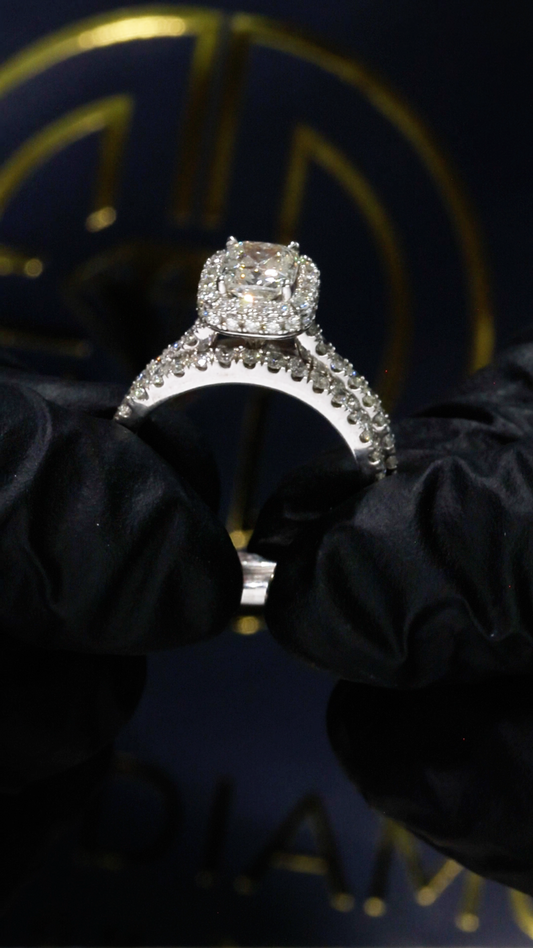 Natural Princess-Cut Diamond Halo Engagement Ring in White Gold | Timeless Double-Halo Elegance