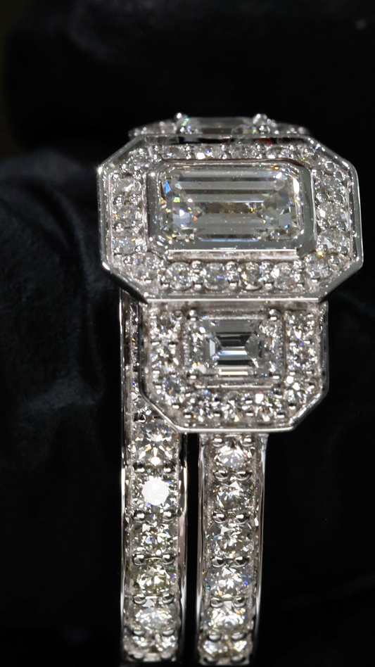 Natural Emerald-Cut Diamond Halo Engagement Ring with Double Halo Accents in White Gold | Luxe Statement Design