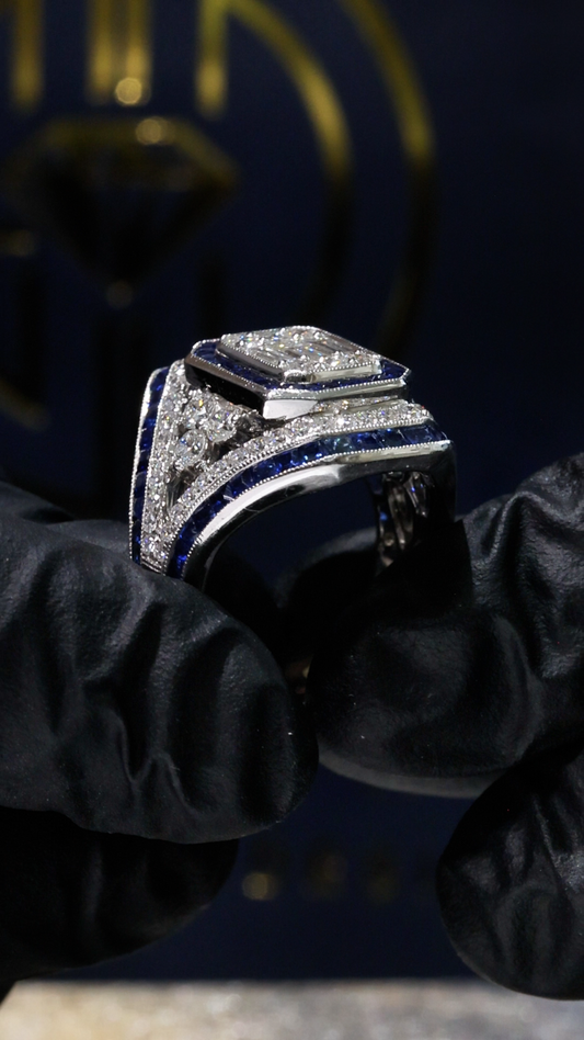 Natural Emerald Cut Diamond & Blue Sapphire Halo Engagement Ring in White Gold | Art Deco Inspired Design