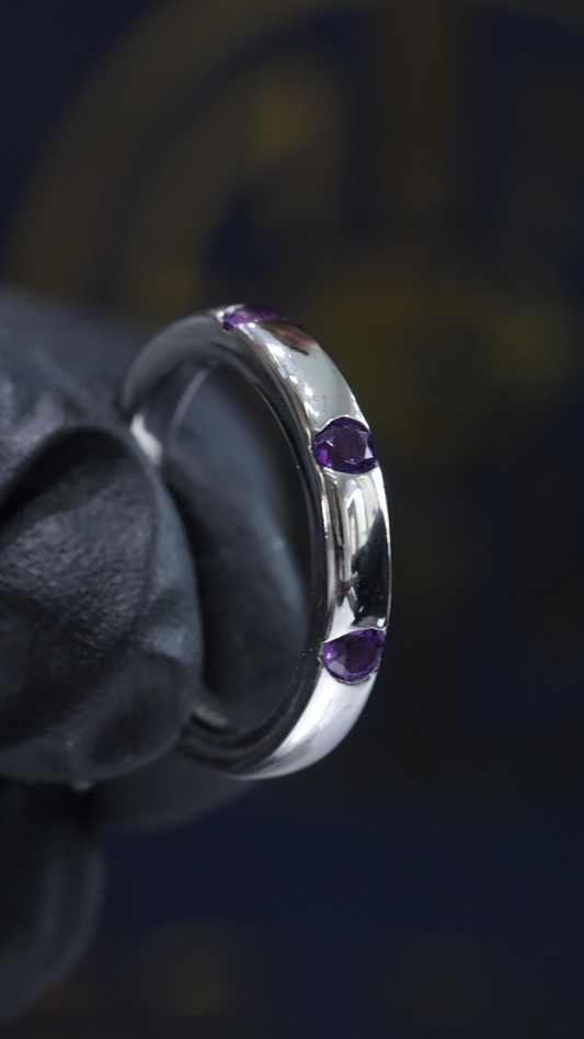 Natural Amethyst Three Stone Band Ring in 14K White Gold | Round Bezel Set