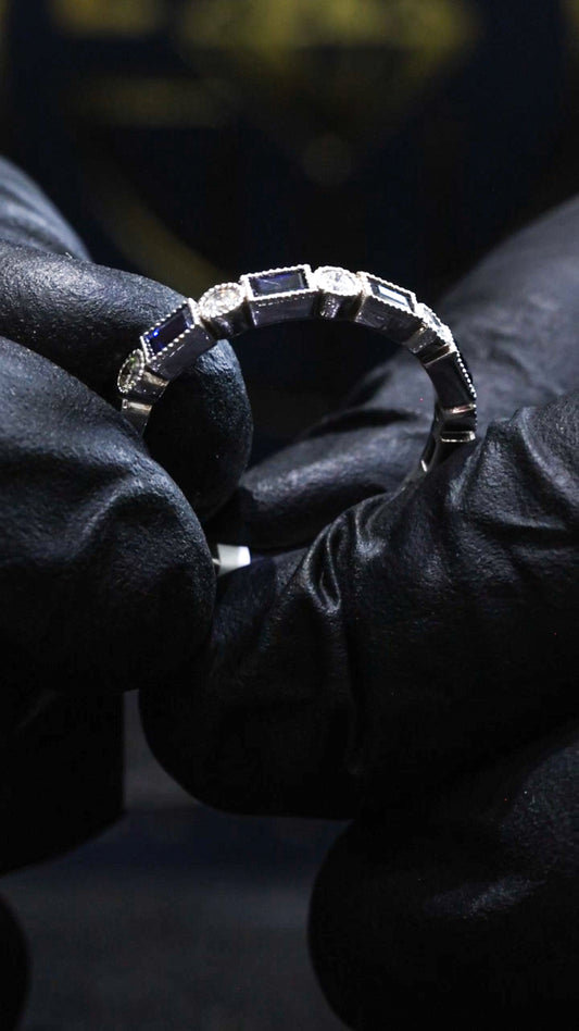 Bezel Blue Sapphire & Diamond Half Eternity Band in White Gold | .50 CTW