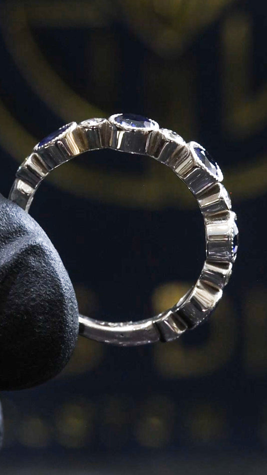 Bezel-Set Blue Sapphire & Diamond Half Eternity Band 14k White Gold| 1.45 CTW