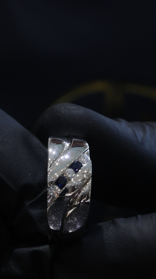 Men’s Sapphire & Diamond Wedding Band in White Gold | .22 CTW