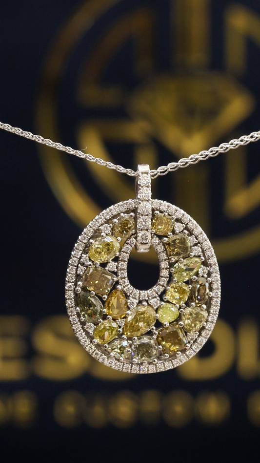 Natural Fancy Yellow & White Diamond Open Circle Pendant in White Gold | Multi-Shape Halo Design