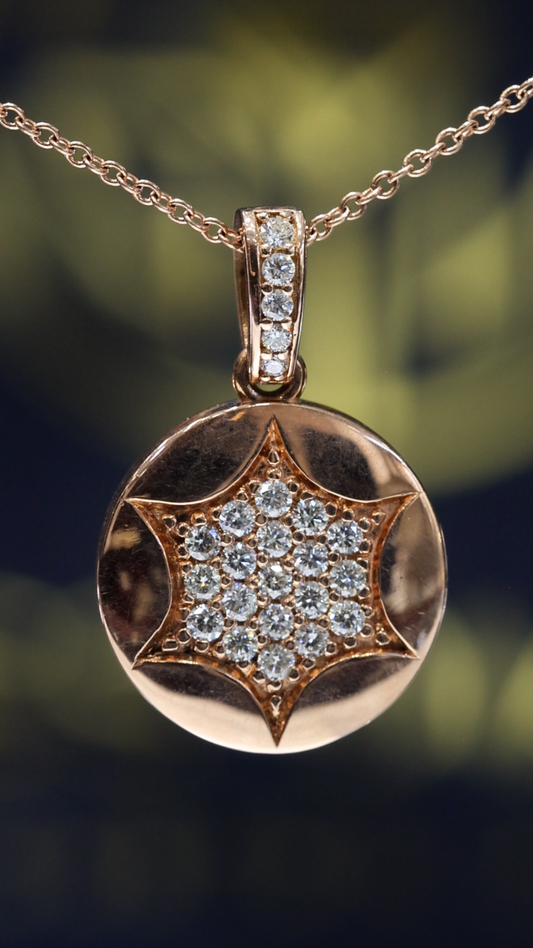 Round Pavé Diamond Starburst Necklace in Rose Gold | Modern Medallion Design