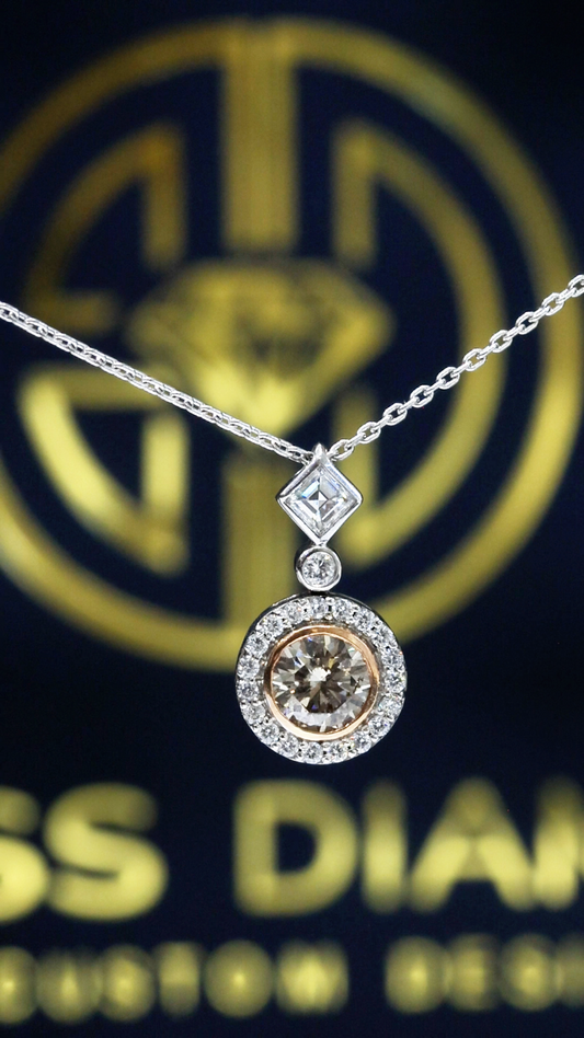 Cognac Diamond Halo Drop Necklace 14K White Gold | 1.25 CT Center