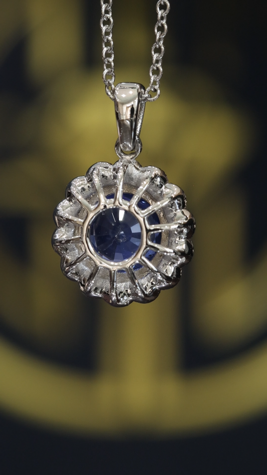 Natural Sapphire & Diamond Halo Pendant Necklace in 14K White Gold | Classic Floral Halo Setting
