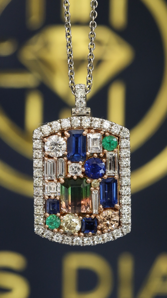 Natural Multi-Gemstone & Diamond Halo Pendant Necklace in 14K White & Rose Gold | Sapphire, Emerald & Fancy Diamond Mosaic