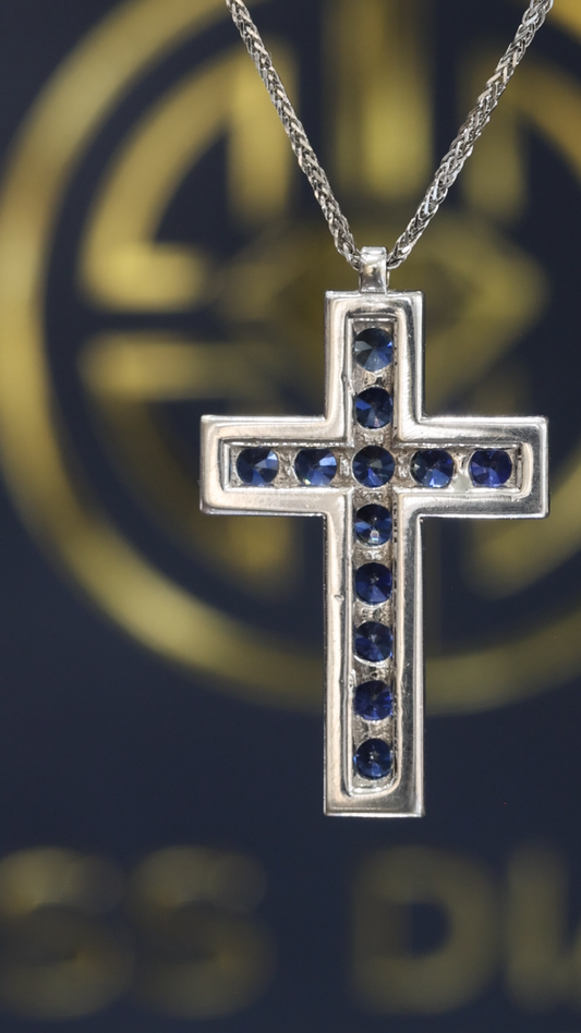 Natural Sapphire & Diamond Halo Cross Necklace in 14K White Gold | Dual Row Frame Design