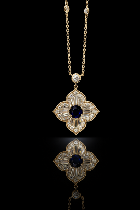 Natural Sapphire & Diamond Floral Cluster Pendant Necklace in 14K Yellow Gold | 1.74 CT Diamond Halo Design