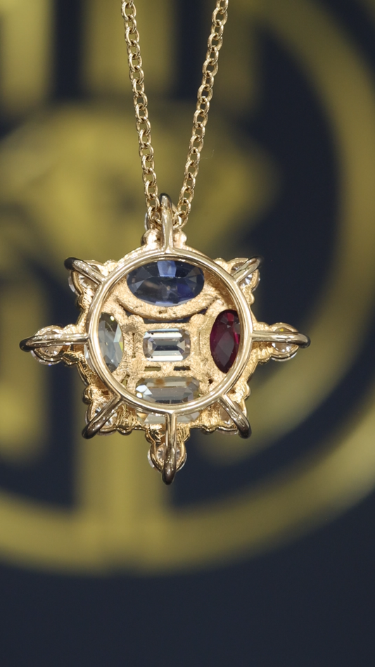 Natural Multi-Gemstone & Diamond Cluster Pendant Necklace in 14K Yellow Gold | Sapphire, Ruby & Fancy Yellow Diamond Design